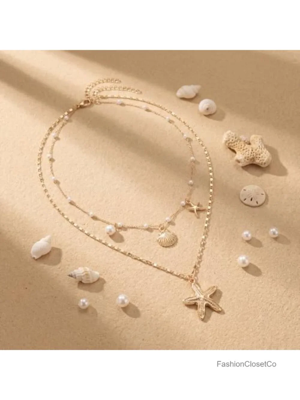 Gold Plated Shell Starfish Necklace for Women Layered Pendant Pearl Conch Boho